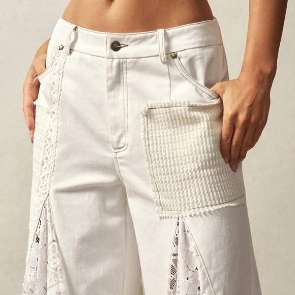 White Casual Women's Boho Bohemian Style Patchwork Mid-Waist Flare Pants - Picture 11 of 14
